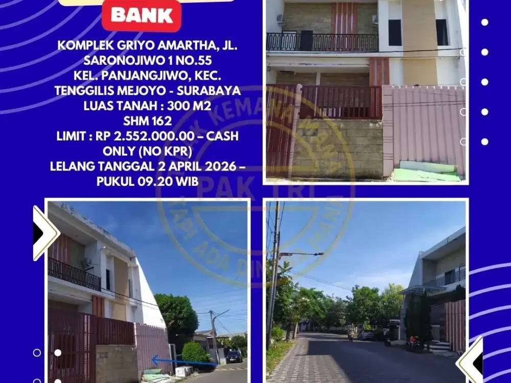 DIJUAL RUMAH VIA LELANG DI TENGGILIS MEJOYO SURABAYA (KOMPLEK GRIYO AMARTHA) – LELANG KPKNL