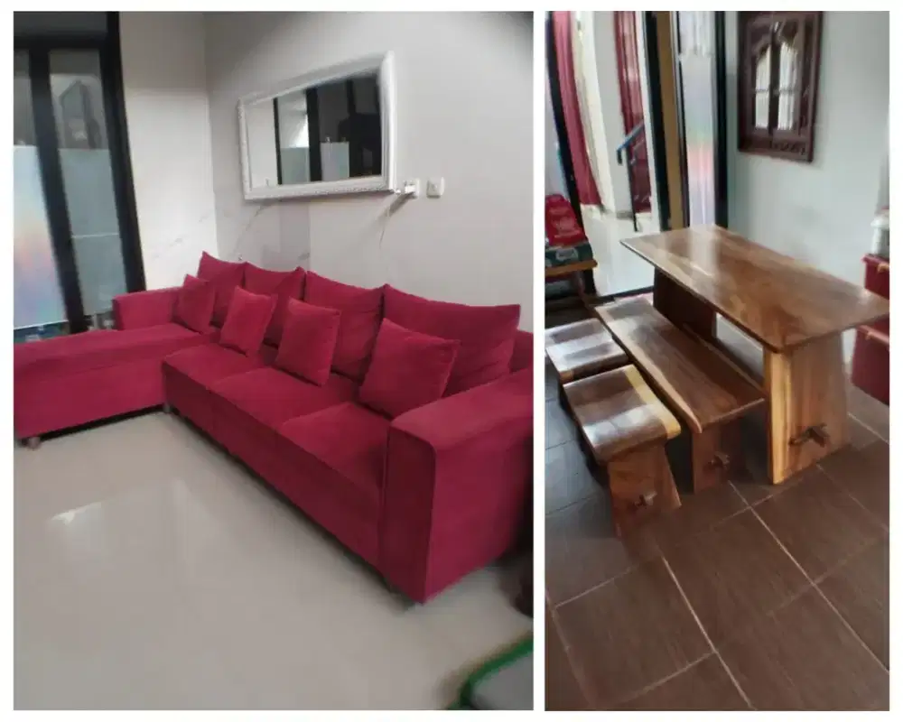 Jual sofa L dan meja makan kayu bagus