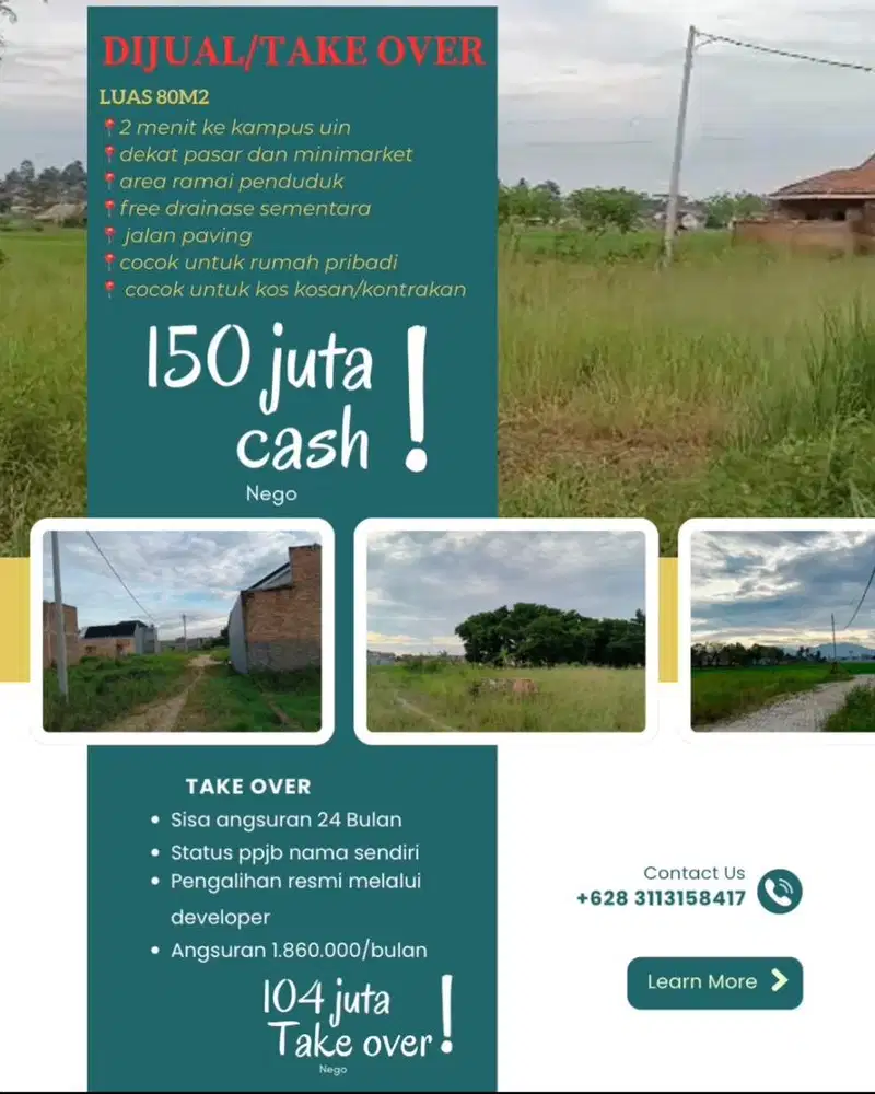 DIJUAL / TAKE OVER TANAH STRATEGIS DEKAT KAMPUS UIN