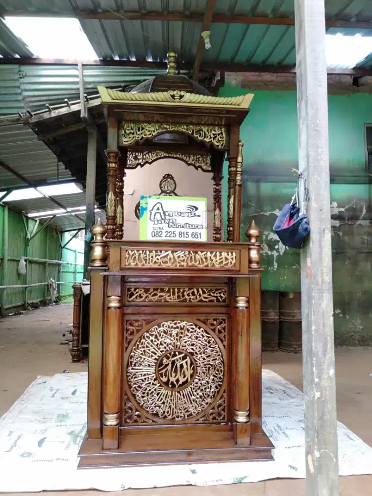 Mimbar masjid kuba ukiran kaligrafi full kayu jati