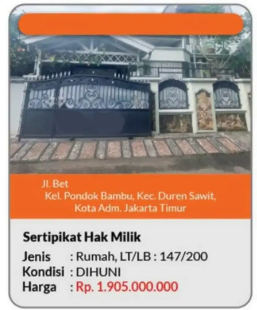 Dijual Rumah Pondok Bambu Duren Sawit
