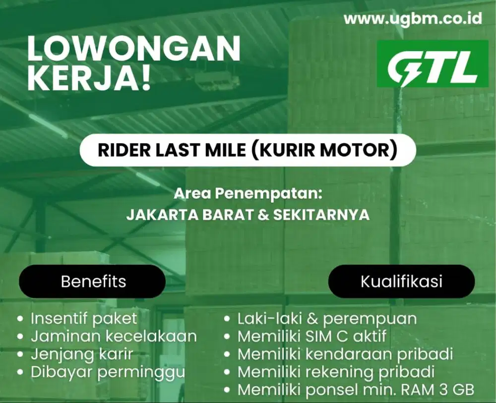 LOWONGAN KERJA KURIR MOTOR GTL, SPX, SICEPAT, LEX