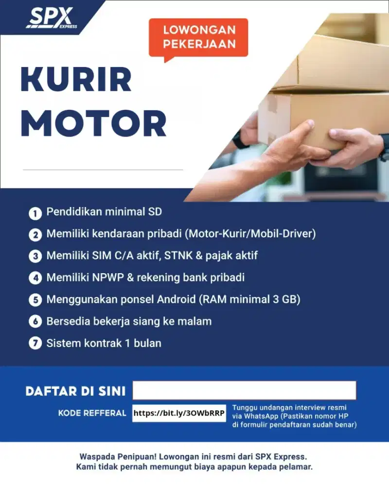 BUTUH CEPAT KURIR MOTOR SPX AREA PANCORAN & JAKTIM