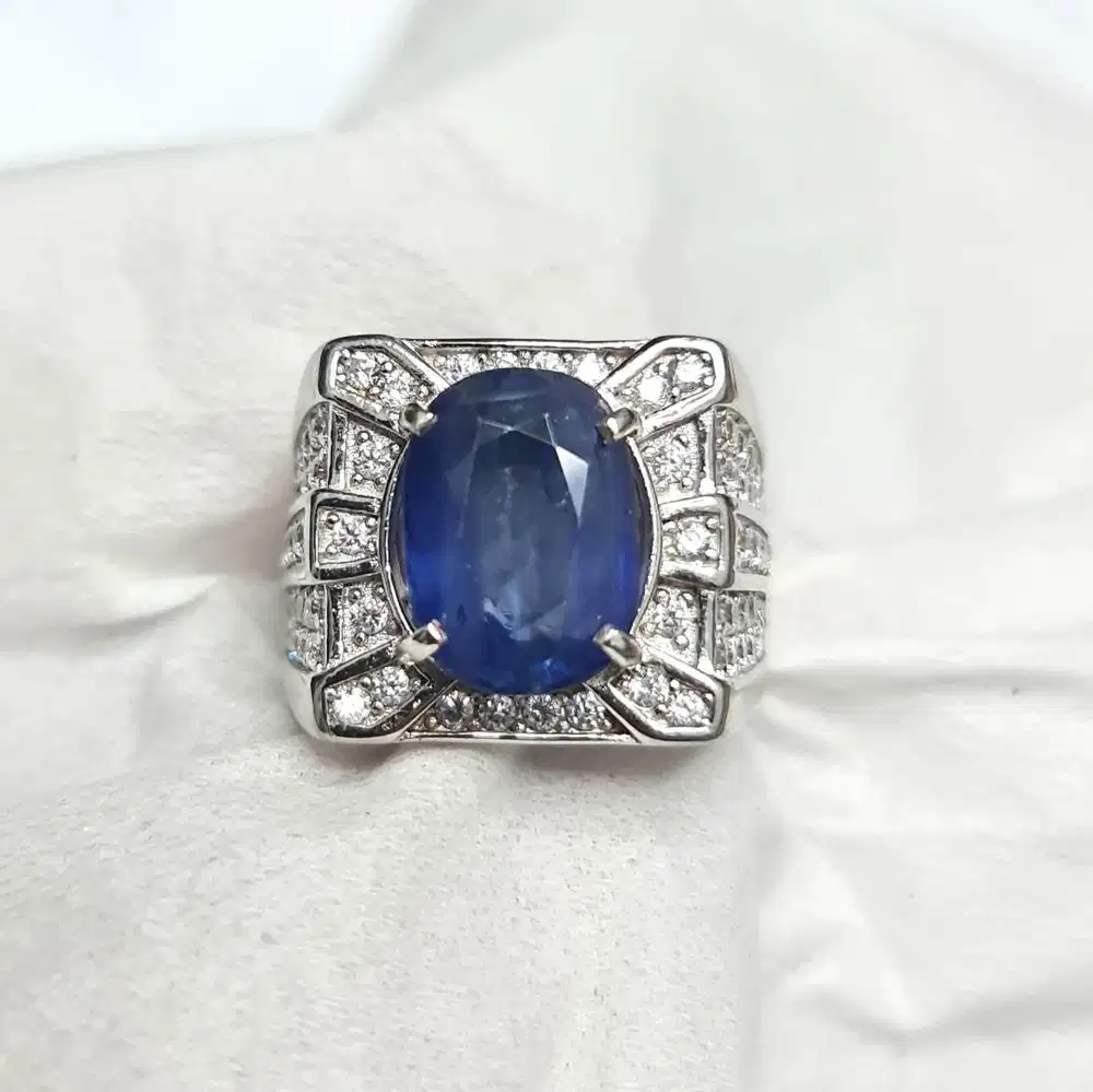 Srilangka 7.47 CT Blue Sapphire Ceylon Silver 925 Mens Ring + Memo