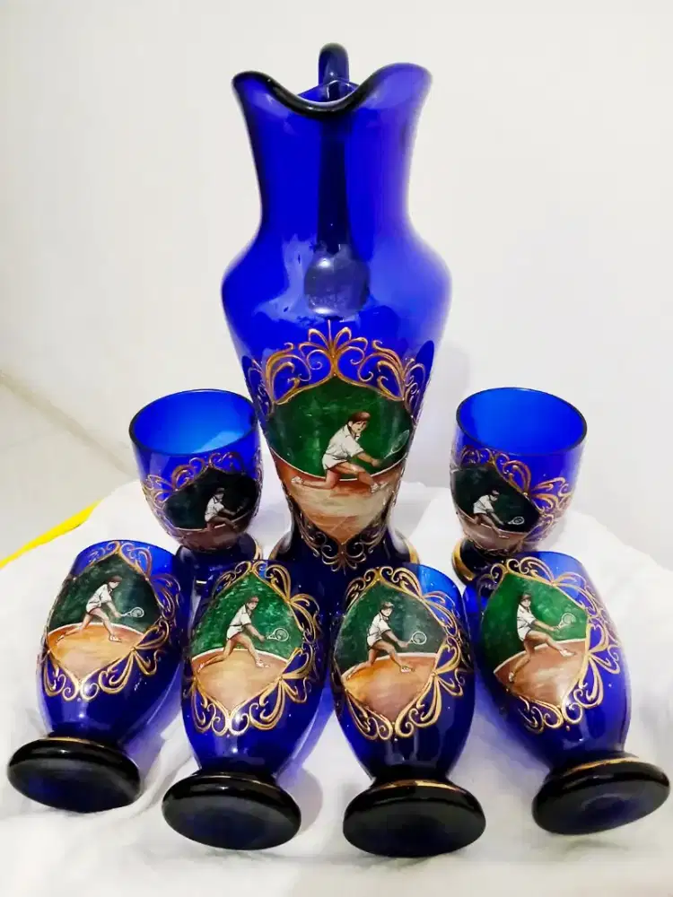 Pajangan cantik: set teko - gelas Kristal Bohemian,  Antik, Original