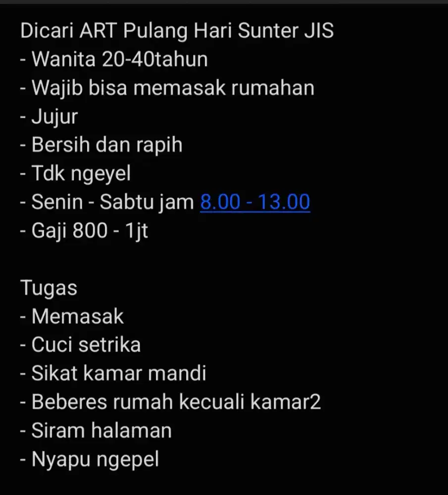 Lowongan ART PP SUNTER JIS