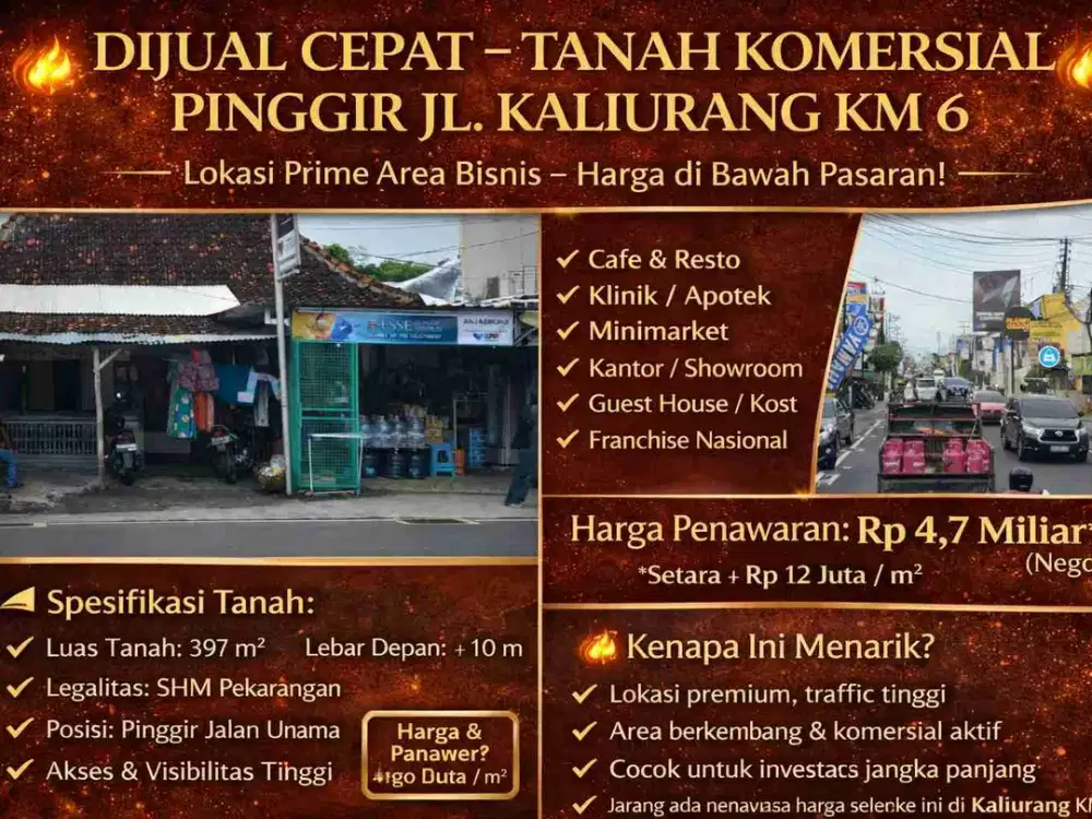 DIJUAL CEPAT – TANAH KOMERSIAL PINGGIR JL. KALIURANG KM 6