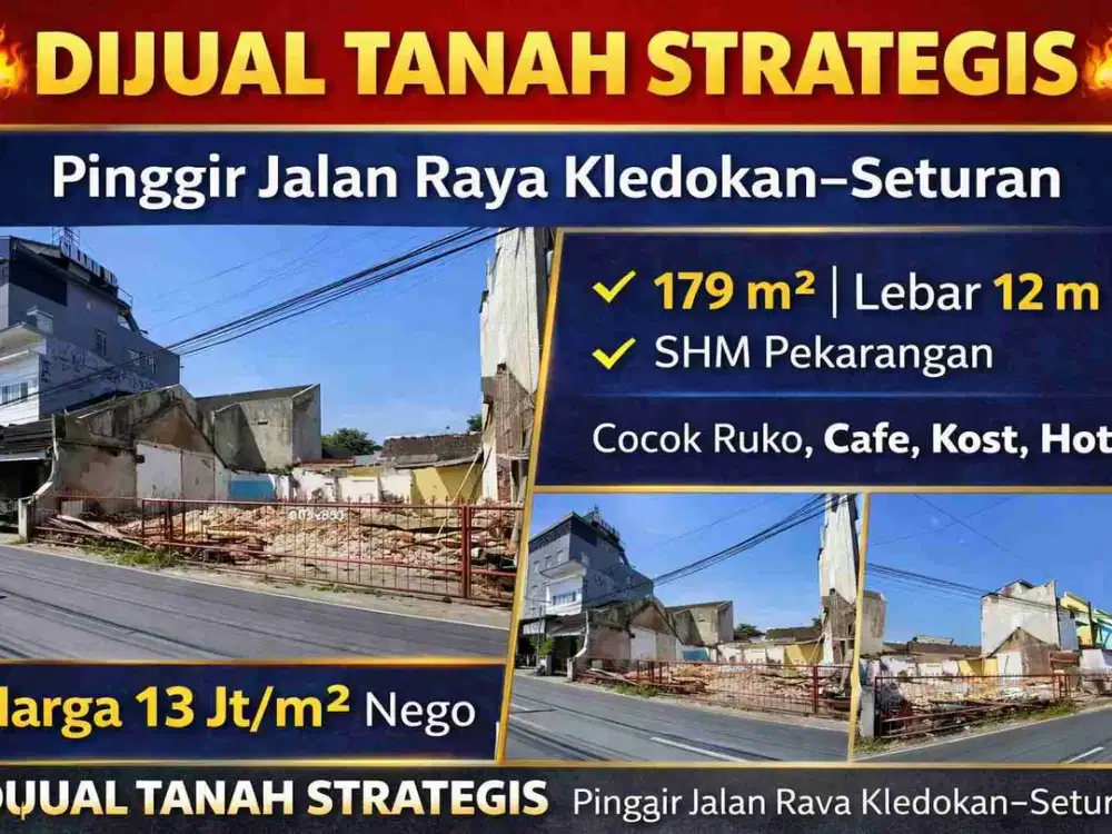 Tanah Strategis Pinggir Jalan Raya Kledokan–Seturan 179m² SHM – Cocok Ruko, Kost, Cafe, Hotel