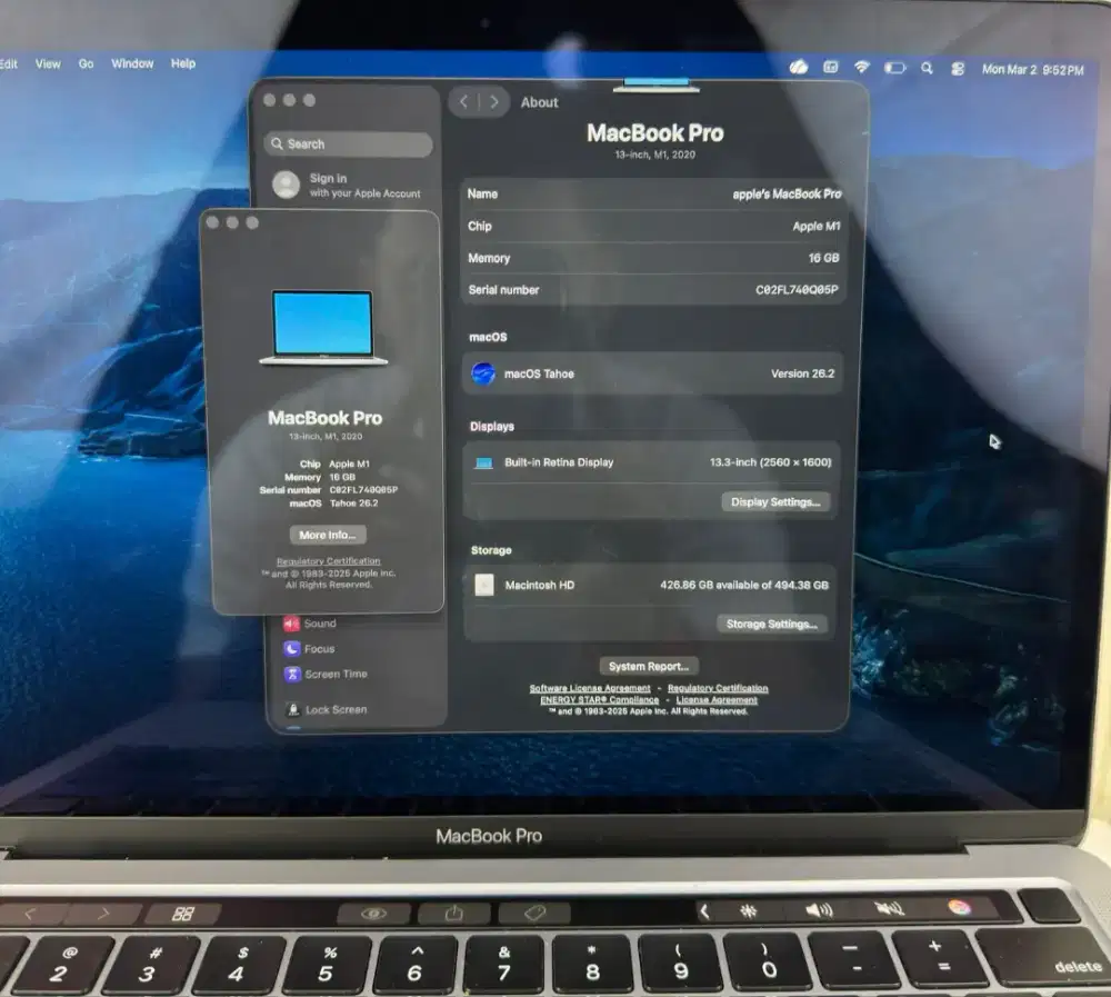 Macbook Pro M1 layar Inch 13 inch Ram 16 Ssd 512 lengkap grey