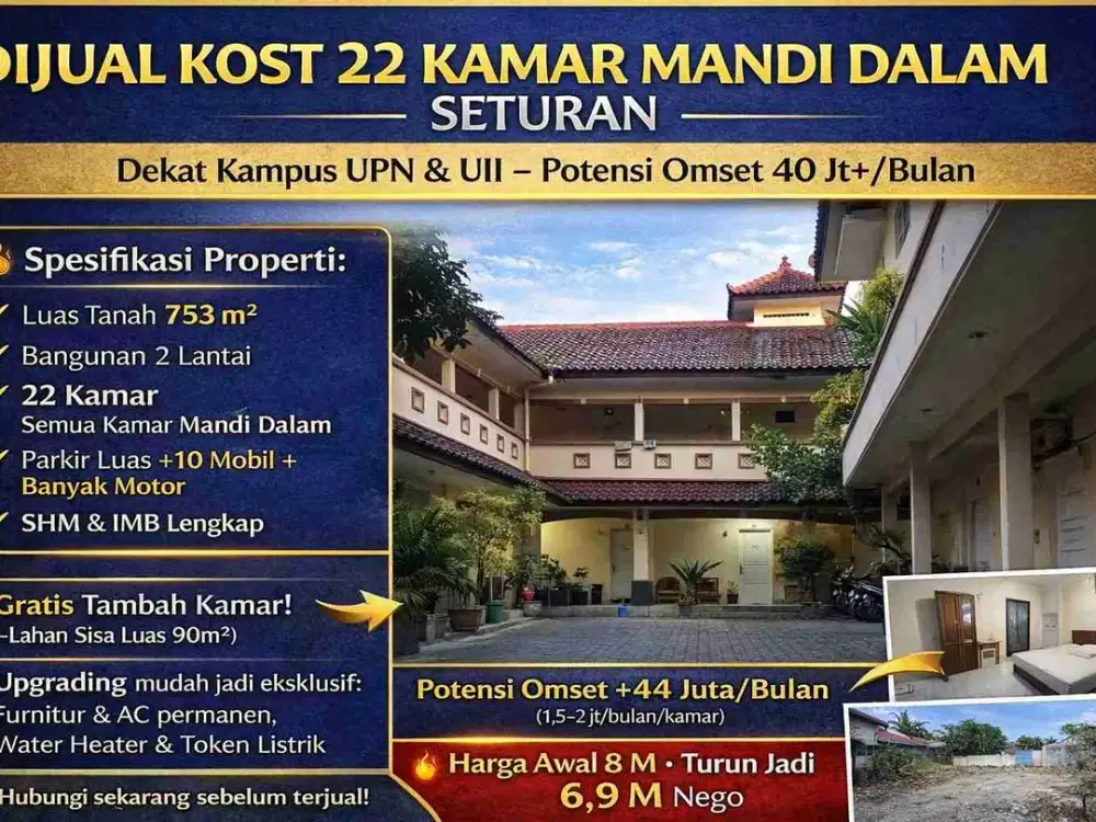 Kost 22 Kamar Mandi Dalam Seturan Dekat Kampus UPN & UII – LT 753m² – SHM IMB – Potensi Omset 40jt+/Bulan