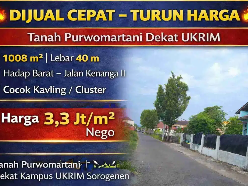 Tanah 1008m² Lebar 40m Purwomartani Dekat Kampus UKRIM – Cocok Kavling – Harga Turun 3,3 Jt/m