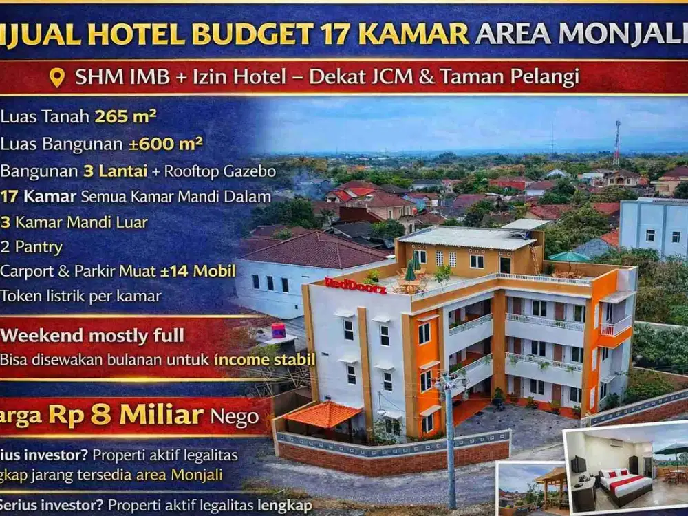 Dijual Hotel Budget 17 Kamar Area Monjali – SHM IMB + Izin Hotel – Dekat JCM & Taman Pelangi