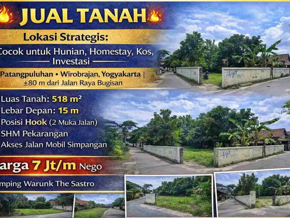 Tanah Hook 518 m² Patangpuluhan Wirobrajan – 80 m dari Jl. Bugisan – Cocok Hunian & Investasi