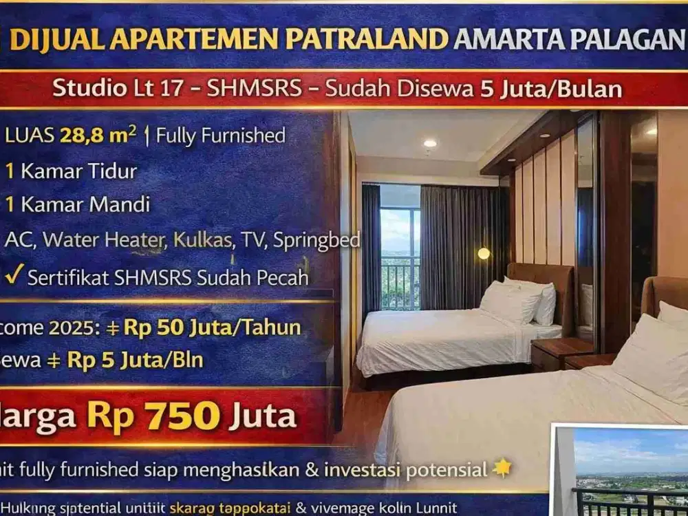 Dijual Apartemen Patraland Amarta Palagan – Studio Lt 17 – SHMSRS – Sudah Disewa 5 Juta/Bulan