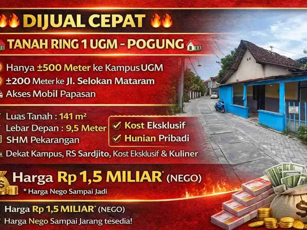 Tanah Ring 1 UGM 141m² SHM Pekarangan – 500m ke Kampus, Cocok Kost & Investasi