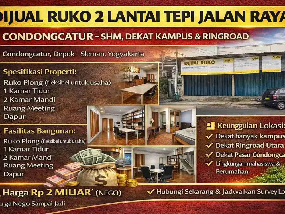 Dijual Ruko 2 Lantai Tepi Jalan Raya Condongcatur – SHM, Dekat Kampus & Ringroad
