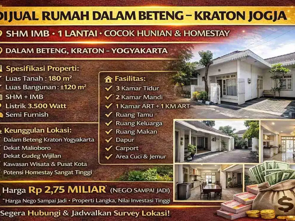 Dijual Rumah Dalam Beteng Kraton Jogja – SHM IMB, 1 Lantai, Cocok Hunian & Homestay