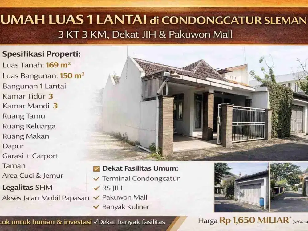 Rumah Luas 1 Lantai di Condongcatur Sleman – 3 KT 3 KM, Dekat JIH & Pakuwon Mall