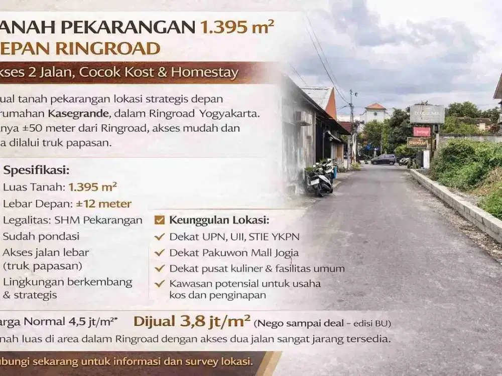 Tanah Pekarangan 1.395 m² Depan Ringroad – Akses 2 Jalan, Cocok Kost & Homestay