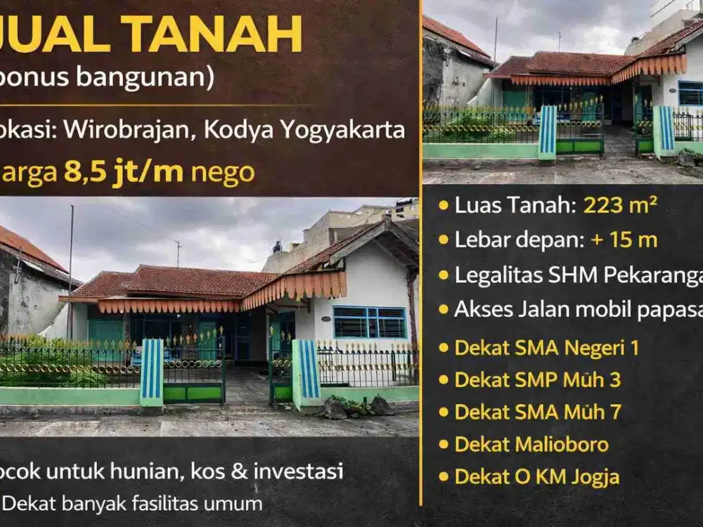 Dijual Tanah 223 m² Bonus Bangunan – Wirobrajan Kota Jogja, Dekat Malioboro