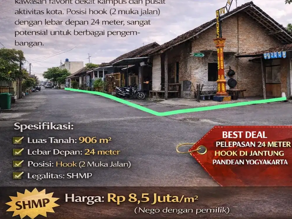 Tanah Hook 906 m² Lebar 24 m di Pandean Deresan – Harga Langka!