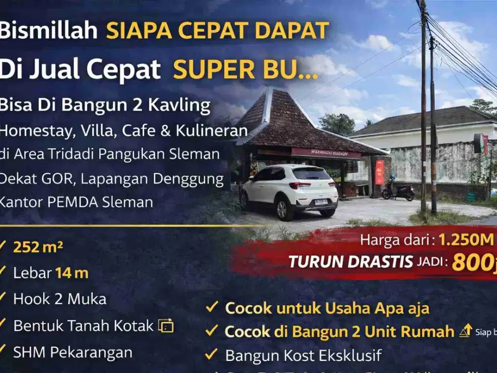 JUAL CEPAT TANAH HOOK STRATEGIS TRIDADI SLEMAN – TURUN DRASTIS 800 JUTA NETT!