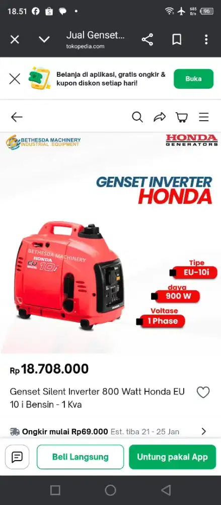 Jual Genset Honda  Portabel silent Eu10i type inverter bukan biasa
