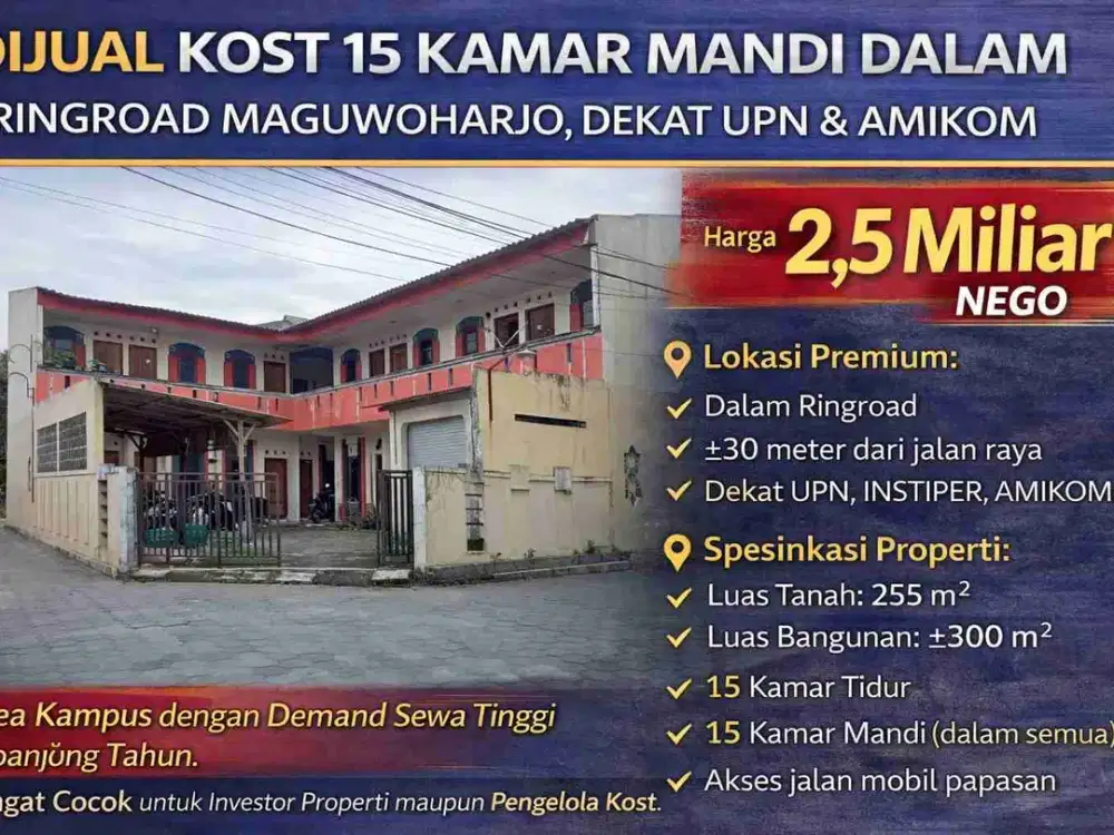 Dijual Kost 15 Kamar Mandi Dalam – Ringroad Maguwoharjo, Dekat UPN & Amikom