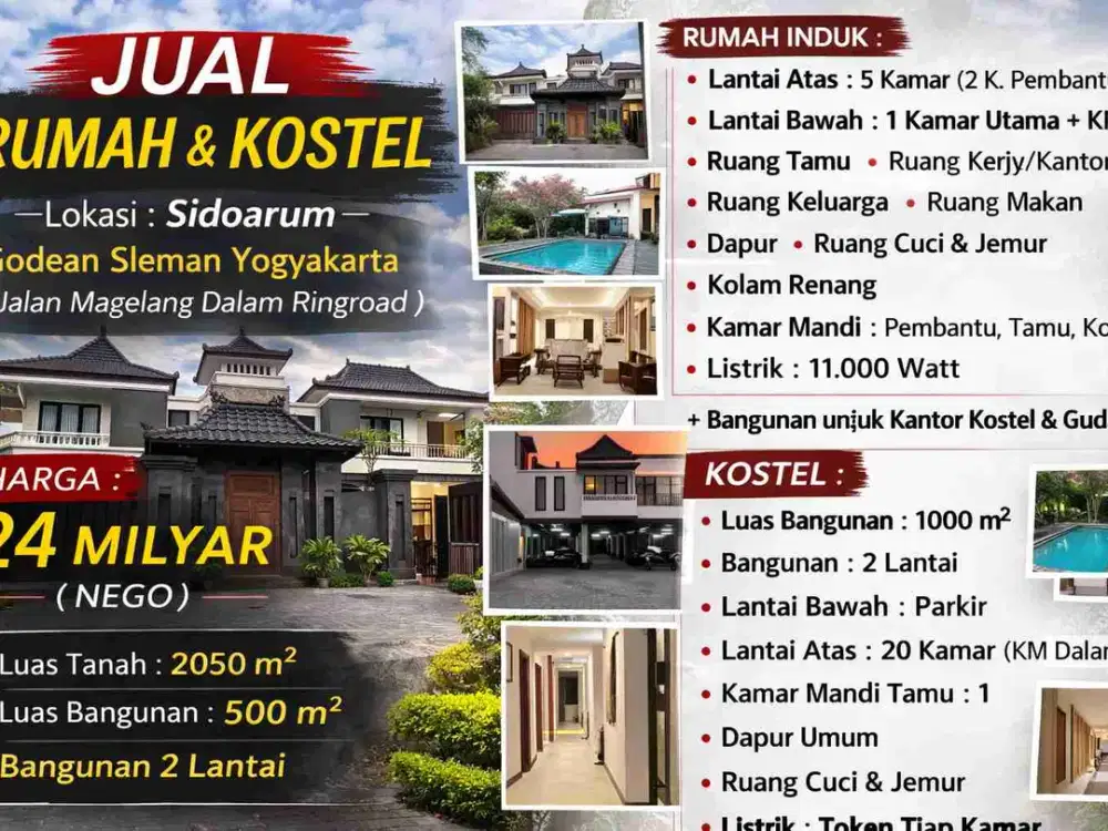 Dijual Rumah Mewah + Kostel 20 Kamar Sidoarum Godean Sleman