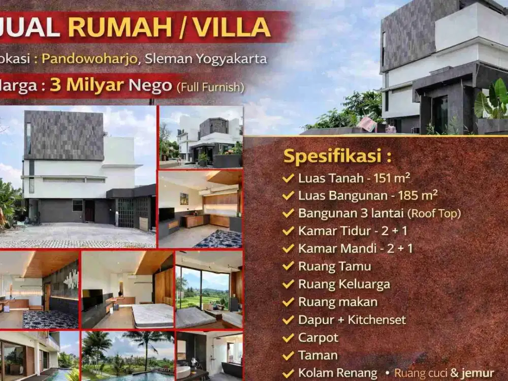 Dijual Villa Modern Pandowoharjo Sleman – 3 Lantai, Rooftop & Kolam Renang
