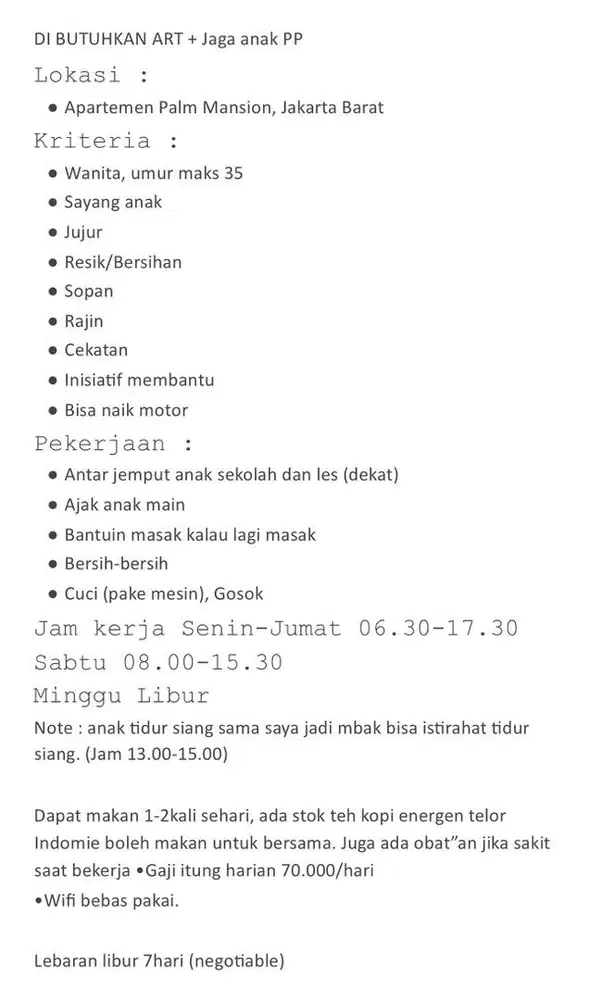 Dibutuhkan ART Serabutan Jaga anak PP