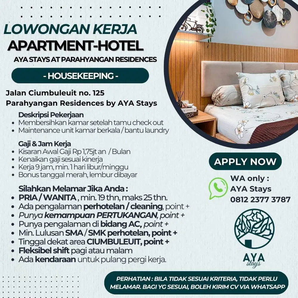 Dicari Housekeeping AYA Stays Parahyangan, Ciumbuleuit Bandung