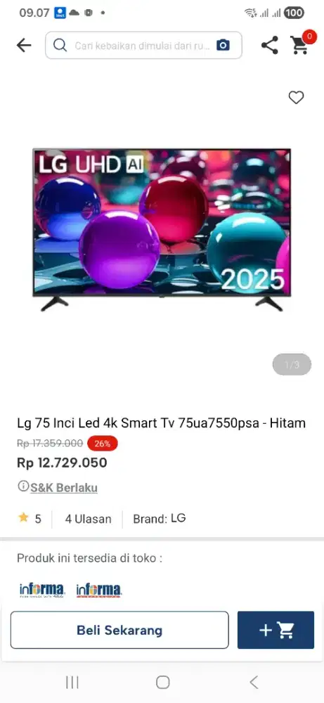 Lg 75 inci led 4k smart tv 75ua7550psa