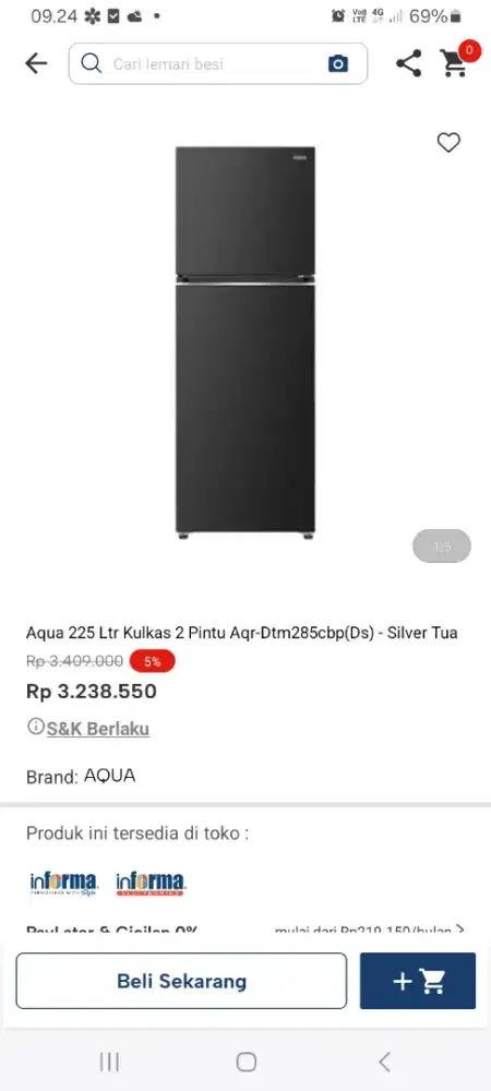 PROMO KREDIT AQUA 225 LTR KULKAS 2 PINTU