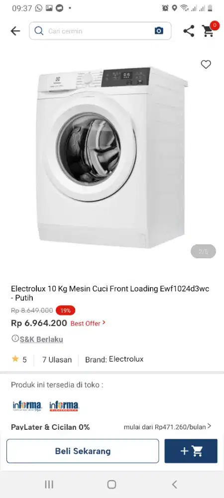 Electrolux mesin cuci frontloading 10kg