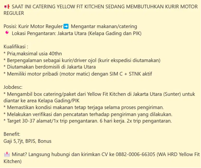 Kurir Motor Reguler (Area Kelapa Gading dan PIK)