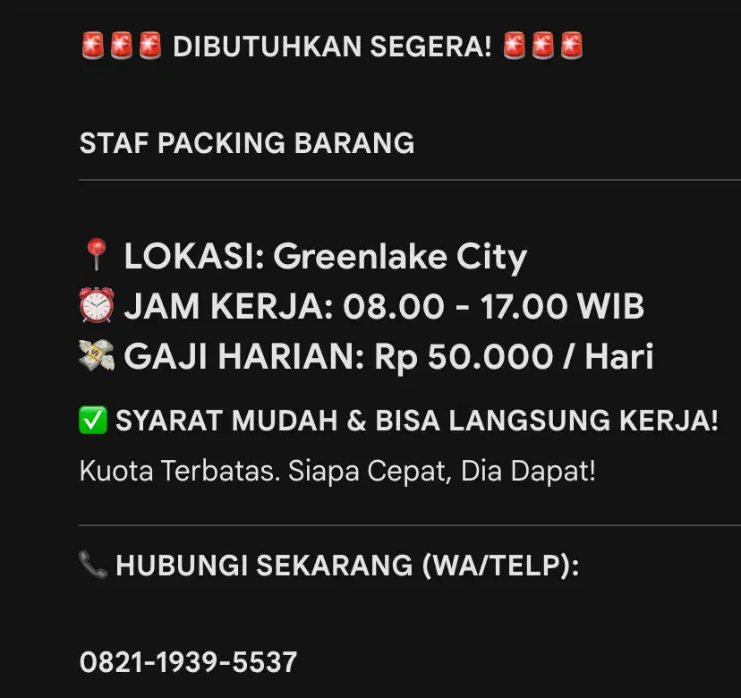 Dicari Admin Packing Barang Greenlake City