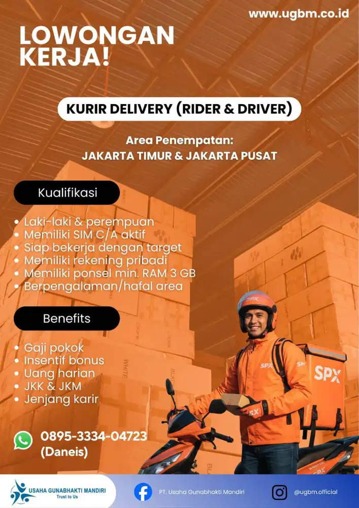 Dibutuhkan Segera Kurir Motor SPX Jakpus & Jaktim ( all Jabodetabek )
