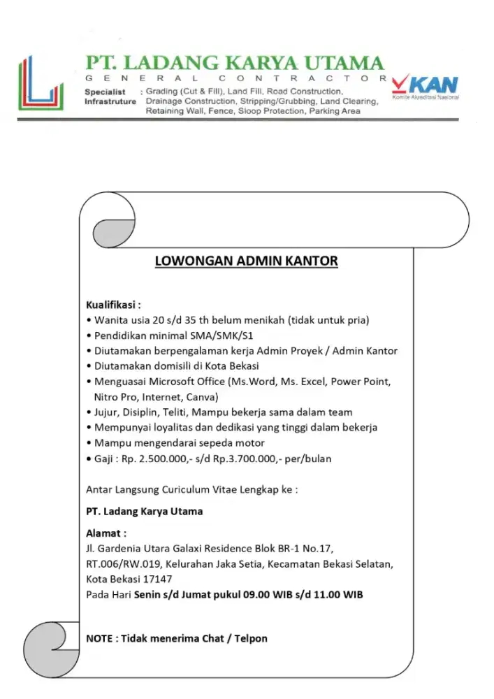 Lowongan Kerja Admin Kantor