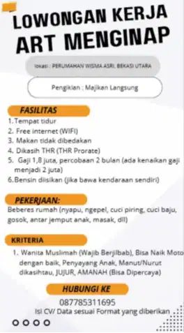 SERIUS Mencari ART Menginap, Muslimah, Tanpa Perantara.