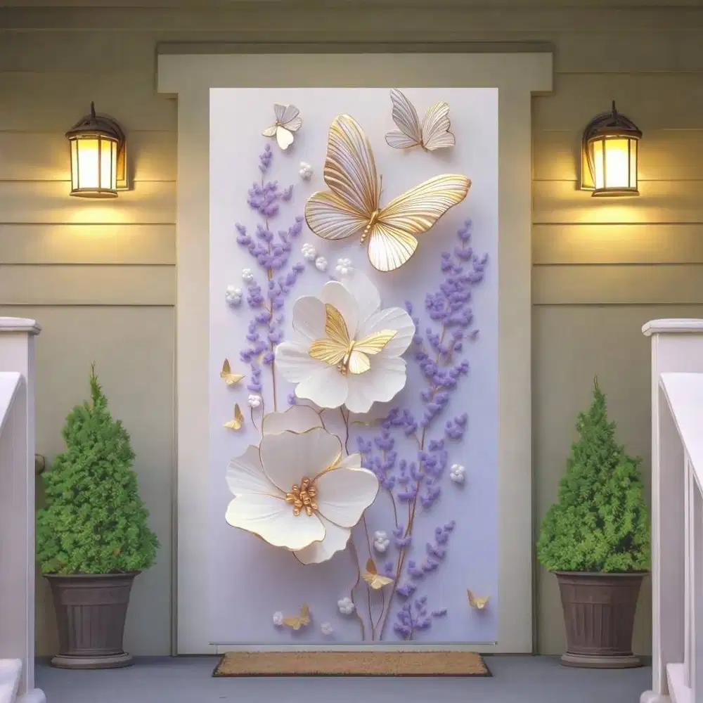 Wallpaper Custom 3D Bunga & Kupu-Kupu Elegan – Soft Gold Luxury