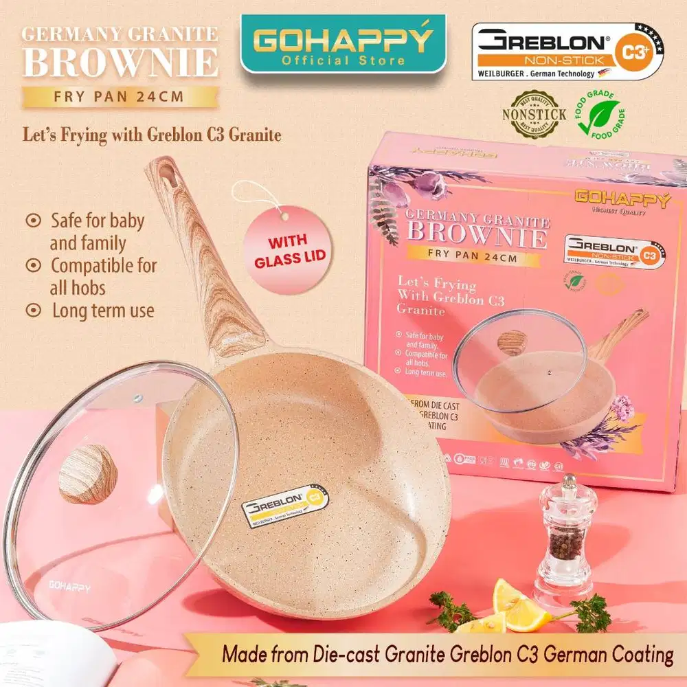 Gohappy Panci Brownie Fry Pan 24cm + Glass Lid Granite Greblon C3