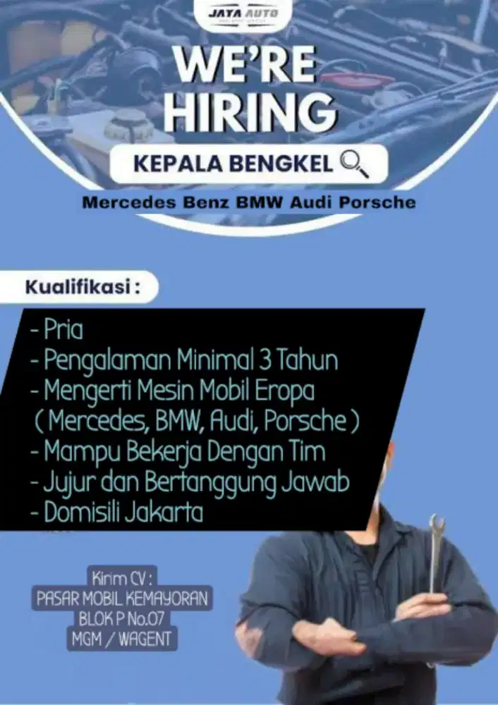 Dicari KEPALA BENGKEL Mobil Eropa ( BMW // Mercedes Benz // Audi )