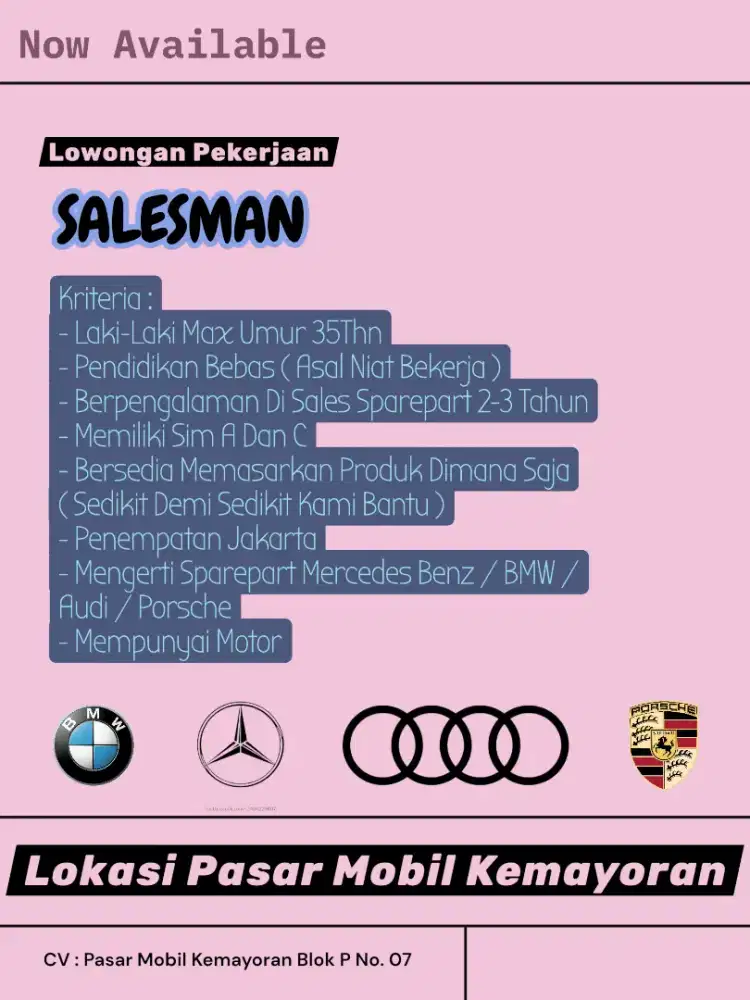 Loker SALESMAN SPAREPART BERPENGALAMAN