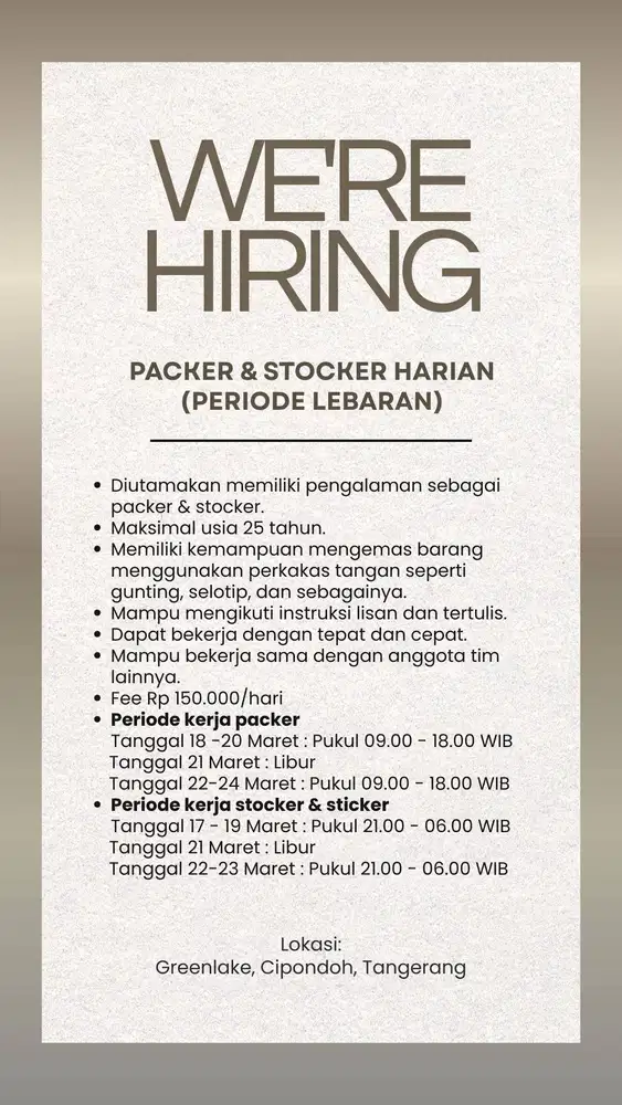 Lowongan Kerja Packer & Stocker Harian