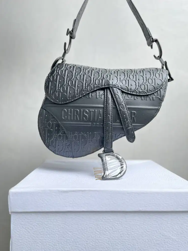 Dior Saddle Medium Bag with Strap Oblique Embossed Calfskin Black
