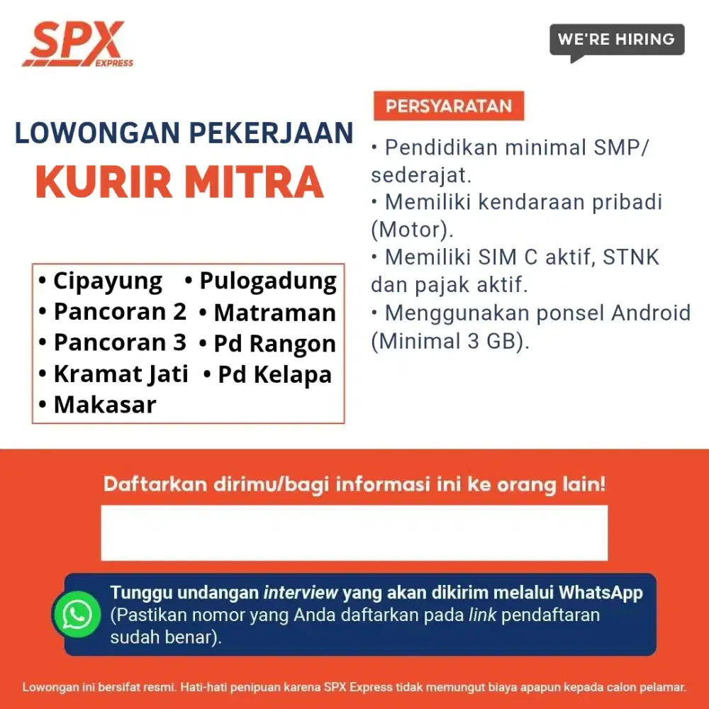 LOWONGAN KURIR RIDER & DRIVER SPX (SHOPEE) JAKARTA DEPOK