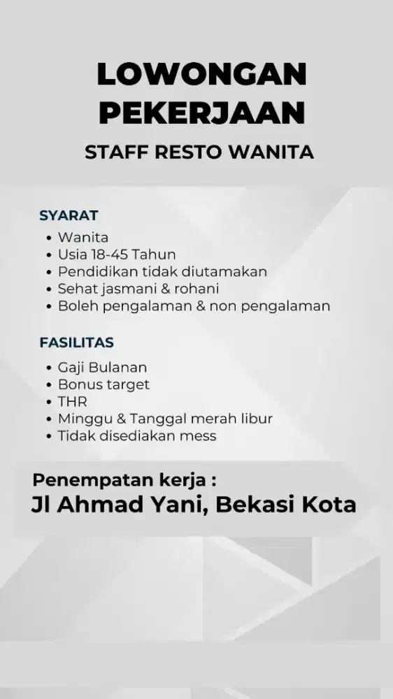 Lowongan Kerja Staff Resto Wanita Bekasi