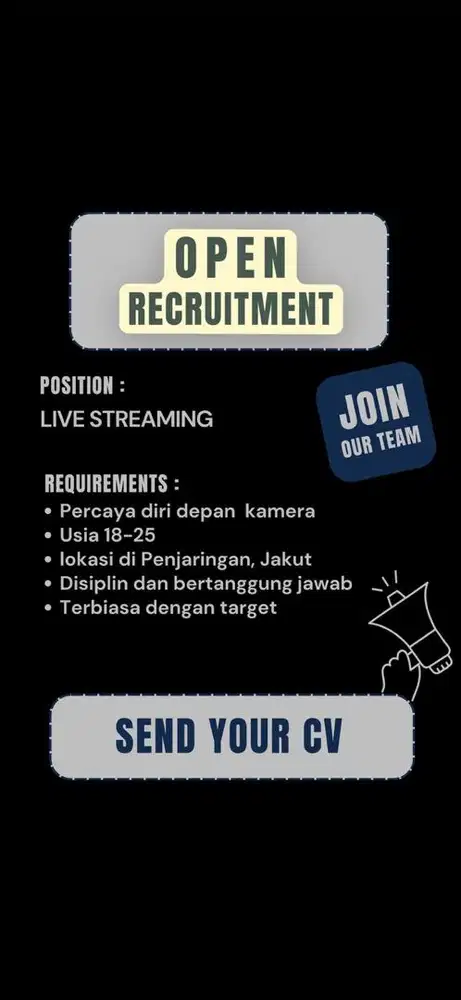Open loker Host Live Streaming shift pagi dan shift sore