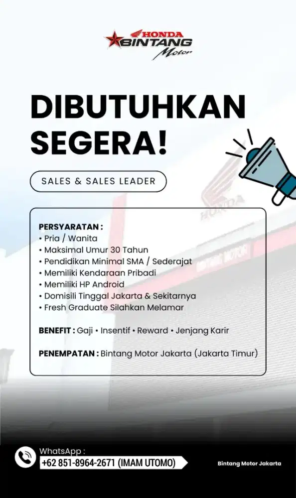 LOWONGAN SALES/LEADER SALES/MARKETING ONLINE HONDA MOTOR